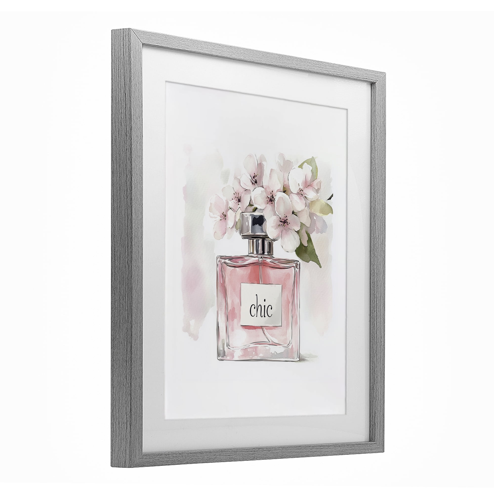 Cherry Blossom Chic Perfume Gray Framed Print Under Glass, design by Christine Simpson Art