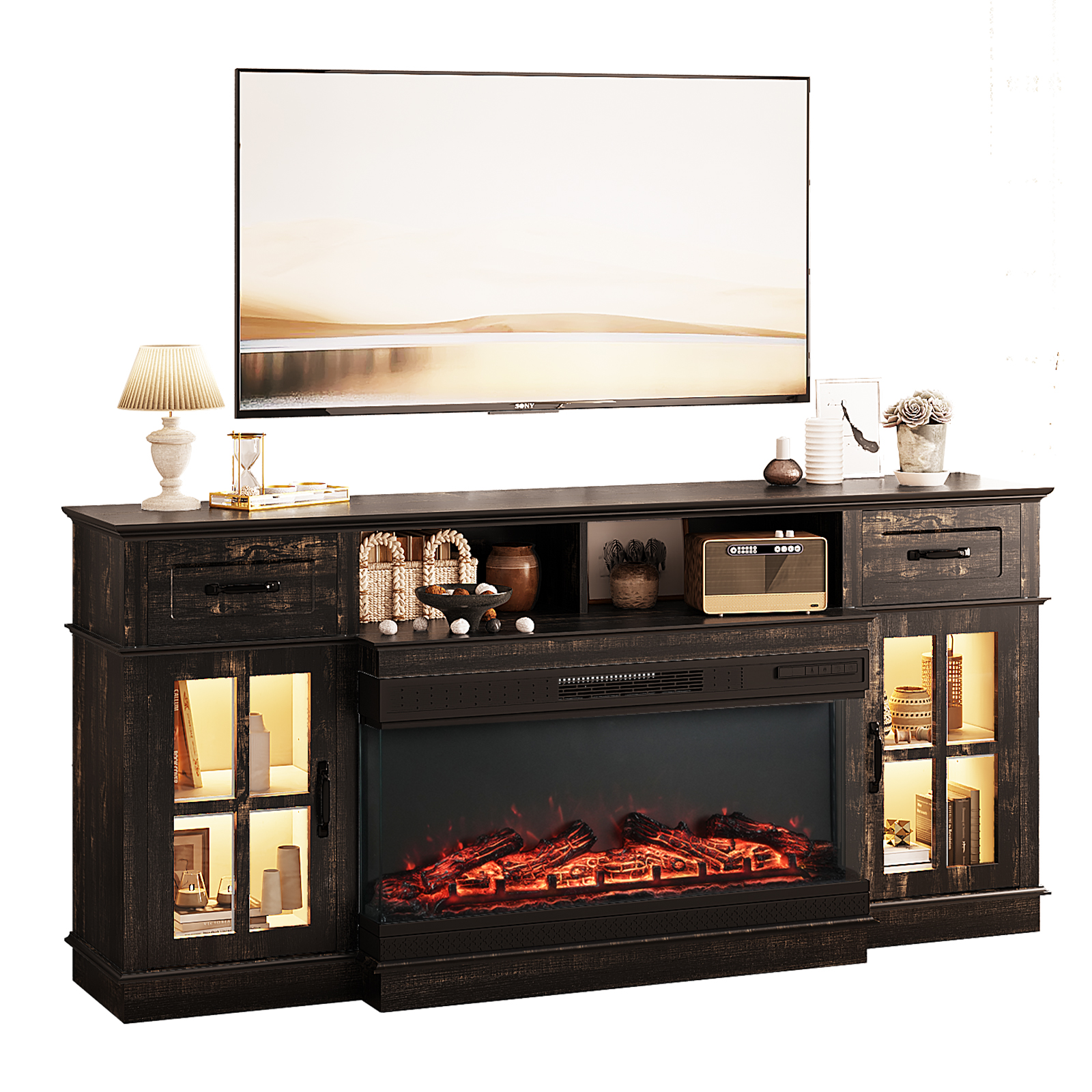 Ktaxon Modern 70" TV Stand with Fireplace, Entertainment Center with 36in Heater for 55/60/65/70" TVs with 2 Doors, Drawers & Shelves, Black Oak