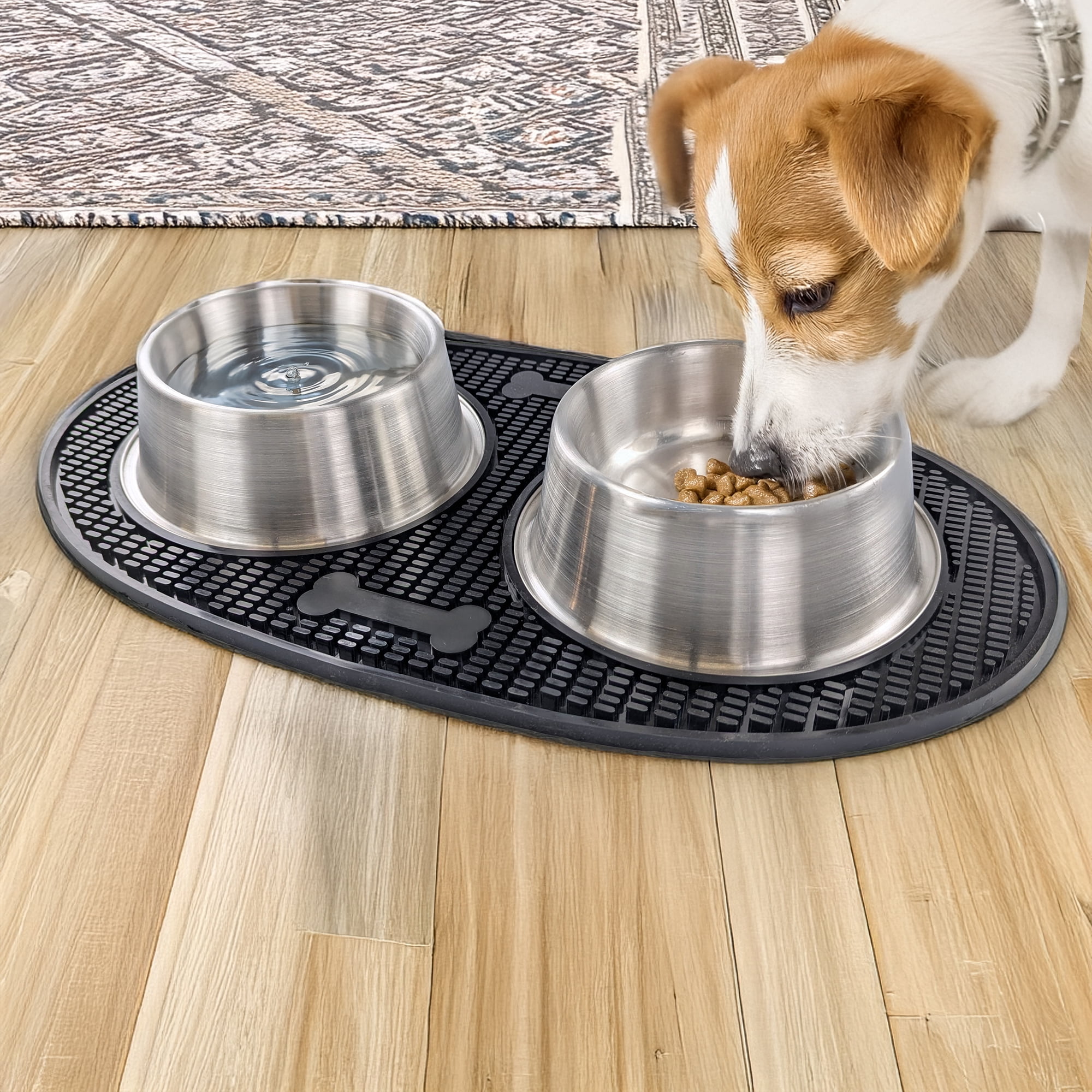 BREKX Metal Dog Bowls Set with Spill Mat for Dogs