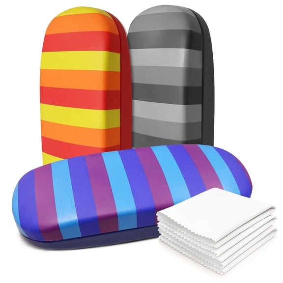 OPTIPAK Hard Shell Glasses Case – Medium Striped Deluxe Eyeglass Case with Microfiber Cleaning Cloth – Protective Glasses Holder for Men & Women (Pack of 3)