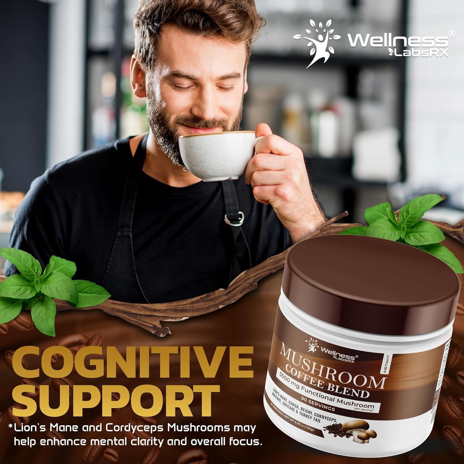Wellness LabsRx Mushroom Coffee Blend 5500mg with 7 Mushroom Varieties, 180g