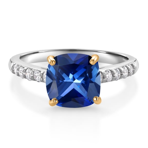 Gem Stone King 925 Silver and 10K Yellow Gold Blue Created Sapphire and White Lab Grown Diamond Engagement Ring for Women (2.70 Cttw, Cushion 8MM, Gemstone September Birthstone, Size 7)
