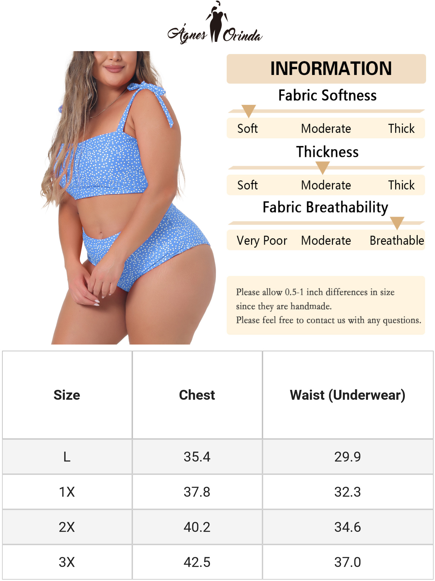 DARING DIVA Women's Plus 2pcs Polka Dots Bikini Bandeau Suits 3X Light Blue