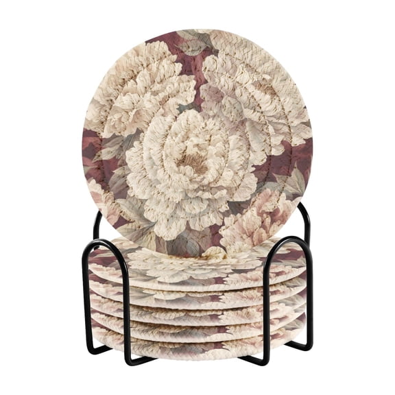 Qxltty Elegant Peonies Drink Coasters with Holder 6pcs Handmade Woven Simple Vintage Saucer Set