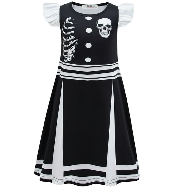 Déguisement d'Halloween pour Filles Skull Cheer Leader, Robe de Danse à Manches Volantées, Uniforme d'Équipe Rooter