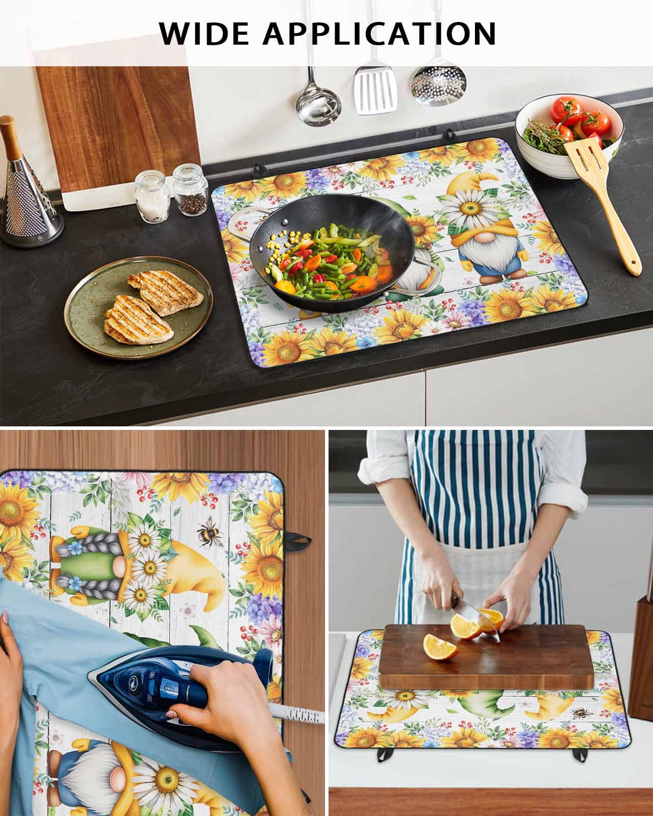 Large Induction Cooktop Protector Mat Sunflowers Stove Top Covers for Electric Stove, Spring Flowers Gnomes Hydrangea Daisy Wood Decorative Stove Burner Cover Mats, Glass Top Stove Cover
