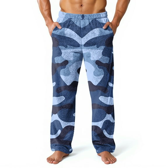 Domuza Plush Warm Pajama Pants for Men Fluffy Soft Fleece Baggy Elastic Waist Pjs Trousers Fall Winter Camo Straight Leg Lounge Sleep Pants Light Blue 3XL
