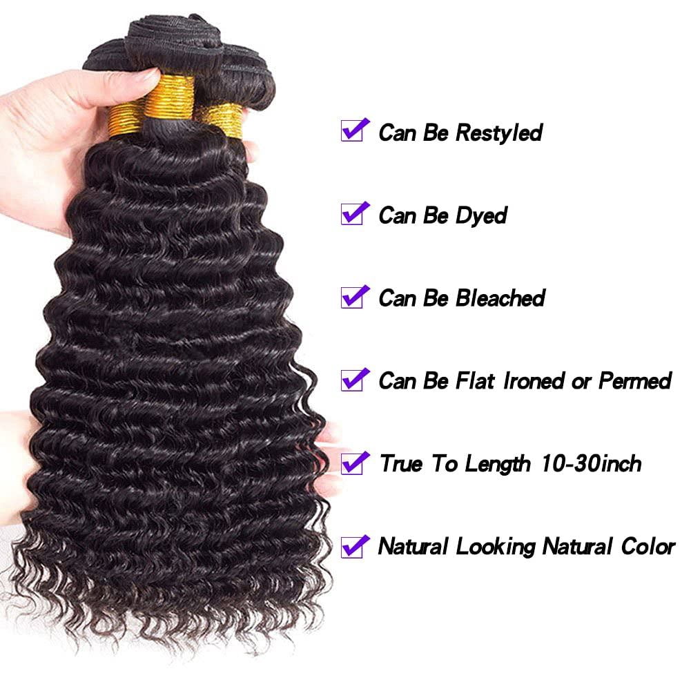 Brazilian Deep Wave Hair Bundles Unprocessed Human Hair Bundles 10A Brazilian Virgin Hair Deep Wave Bundles Natural Black (10"10"10")