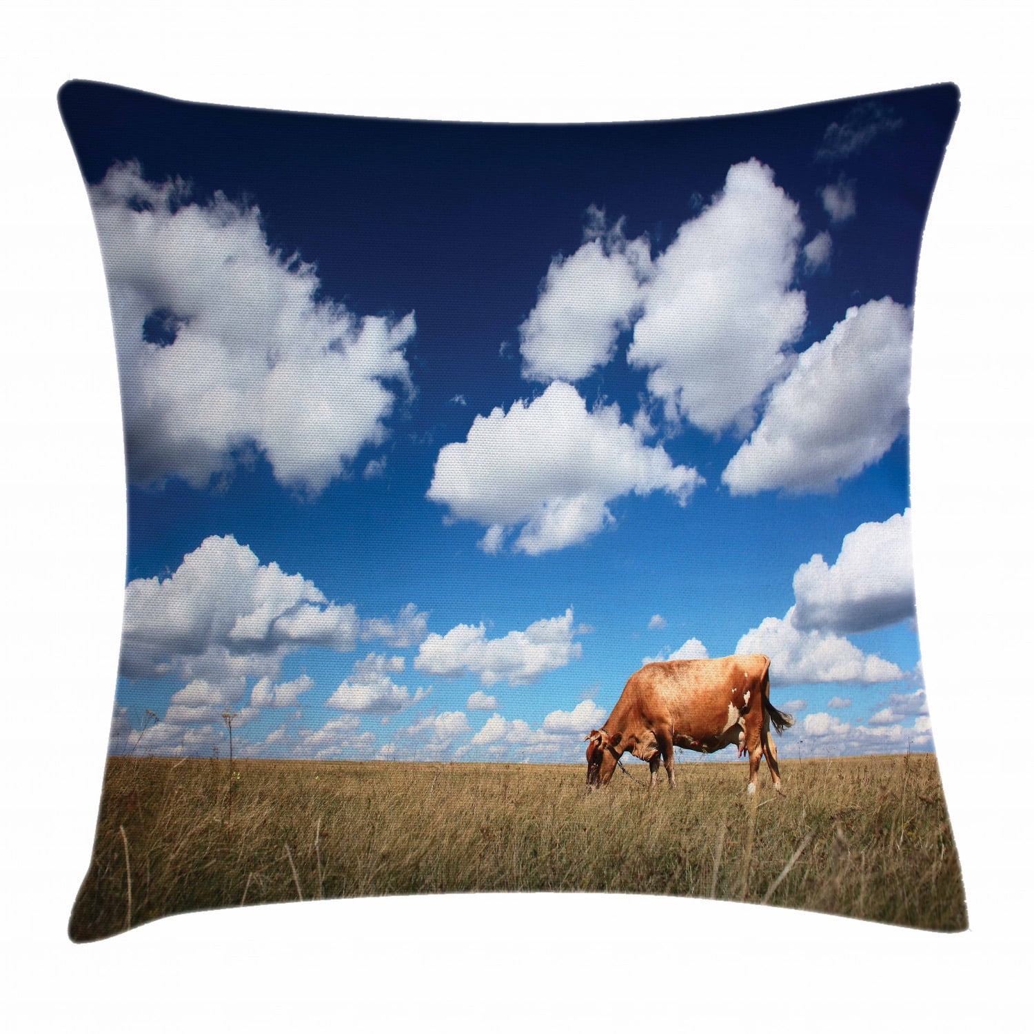 Cattle Throw Pillow Cushion Cover, Digital Image of a Cow Feeding on