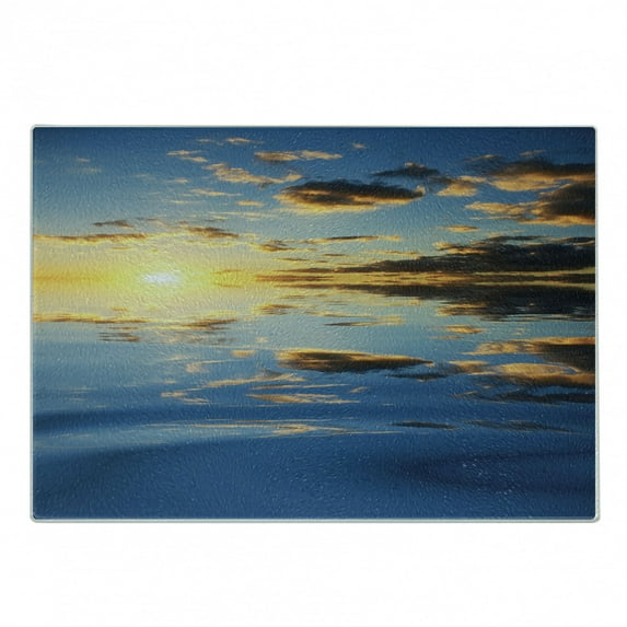 Mystic Cutting Board, Last Sun Rays of the Day Vibrant Scenery Romantic Dreamy Tropical Vacation Image, Decorative Tempered Glass Cutting and Serving Board, Small Size, Yellow Blue, by Ambesonne