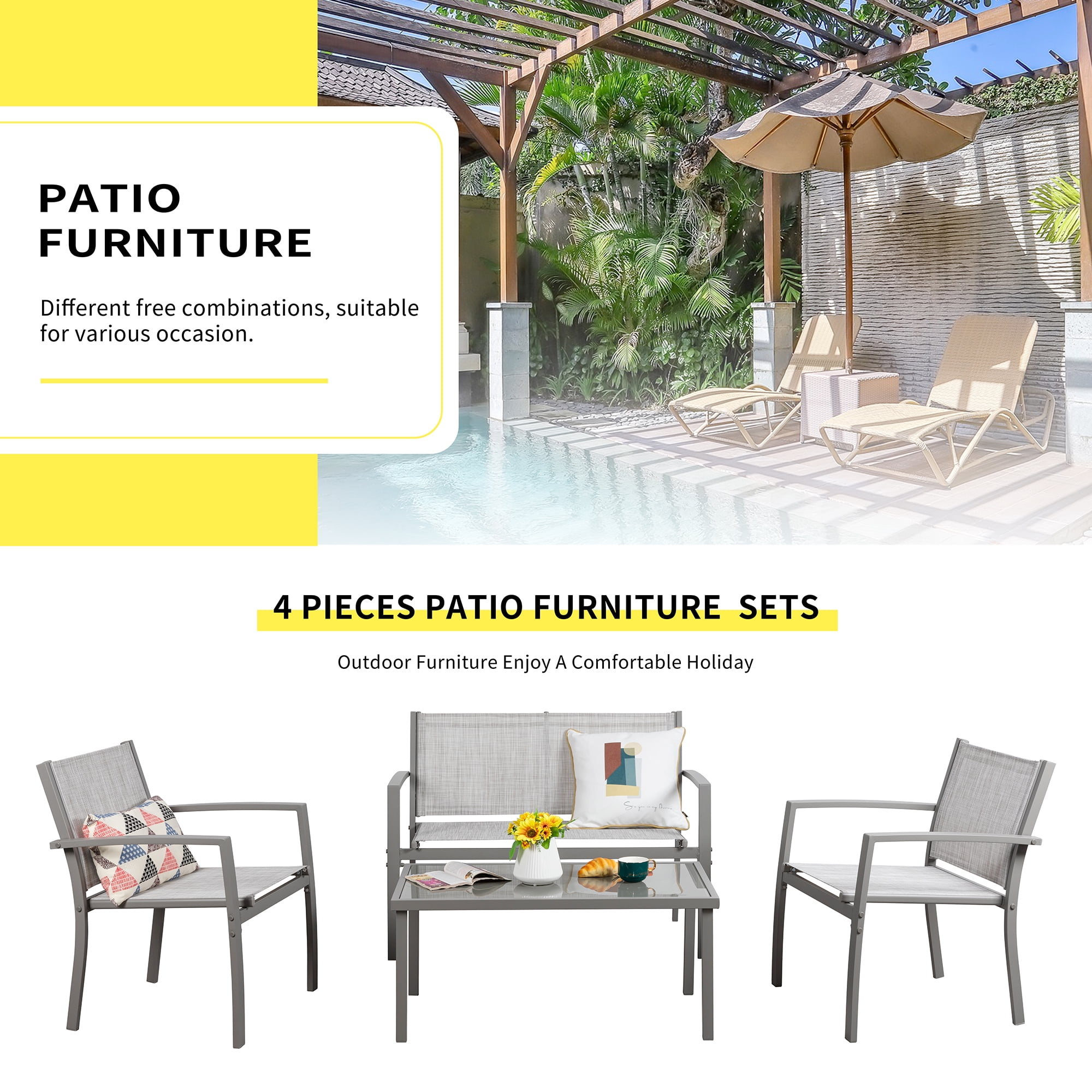 Walsunny 4 Pieces Outdoor Furniture Set All Weather Patio Textilene Steel Conversation Set, Patio Furniture Set Bistro Set with Loveseat ea Table for Lawn and Balcony, Silver