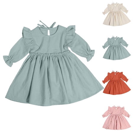 Agkizg Girls Casual Dress Cottons Ruffle Long Sleeve Round Neck A-line Princess Dress Comfortable Fitting Dress Sizes 1-2 Years