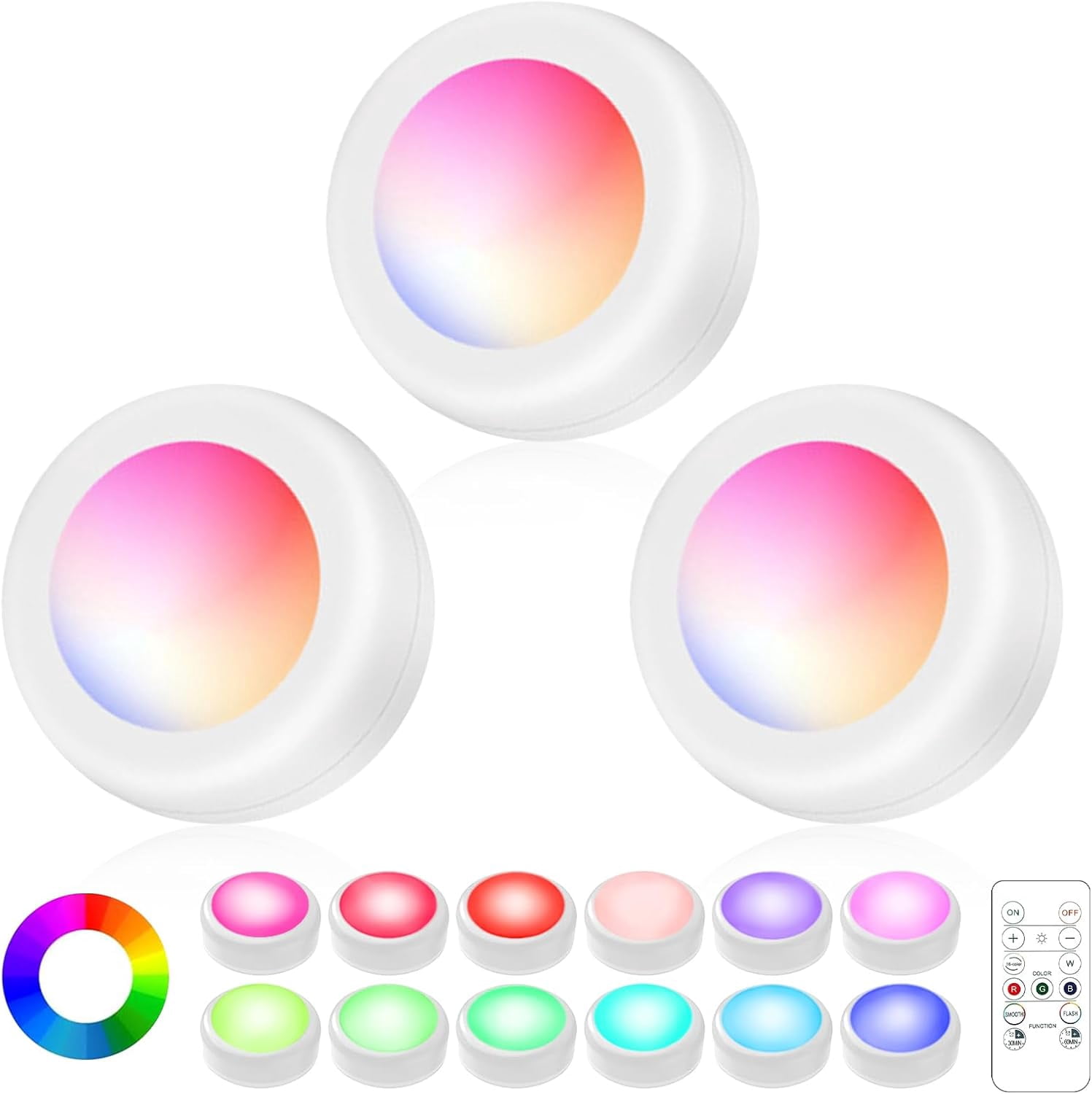 RGHJAR-LED Puck Lights with Remote Control, Wireless Under Cabinet Lighting,Color Changing Lights with Dimmer and Timer, AAA Battery Operated Powered Push Night Lights (3 Pack White)