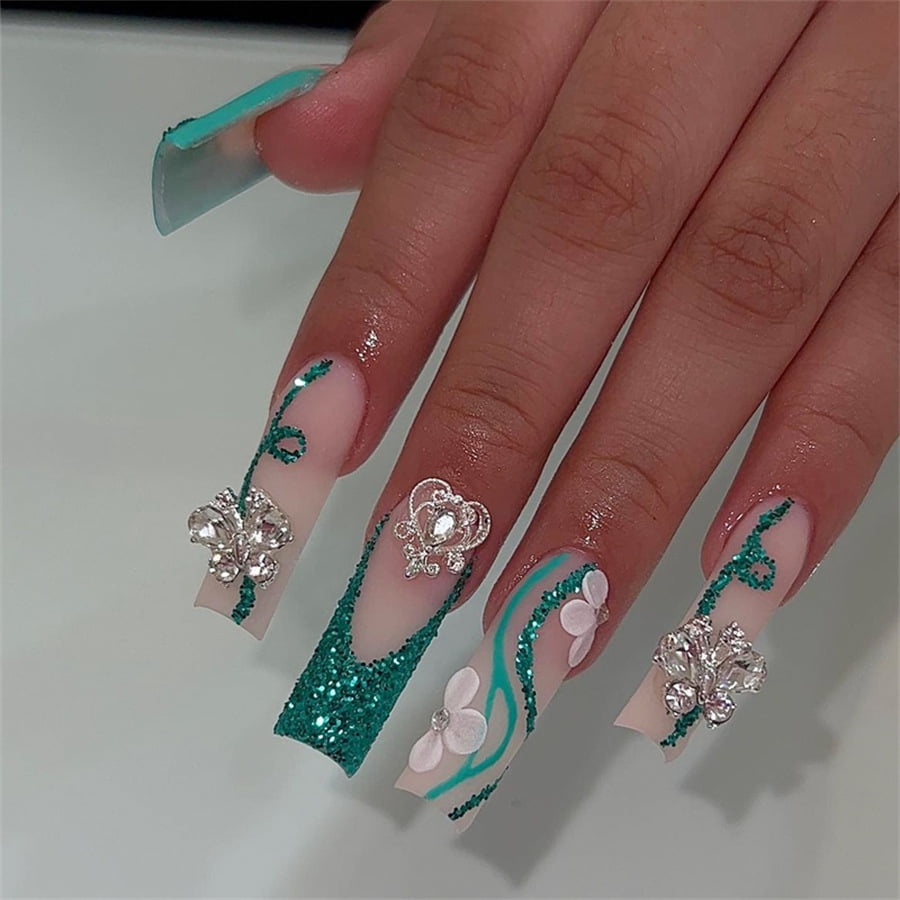 Cross-border hot sale long square fake nails fashion flash love butterfly flash diamond glitter embellishment wearing nail wholesale