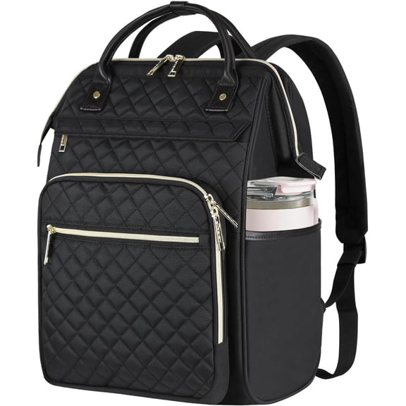 17 Inch Laptop Backpack for Women, Work Business Travel Computer College Bags, Large Capacity Water-repellent Quilted Casual Daypack with Port, Black