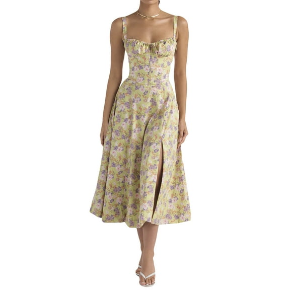 Summer Floral Maxi Dress for Women Spaghetti Strap Square Neck Ruffle Aline Long Dress Cottagecore Bustier Sundress