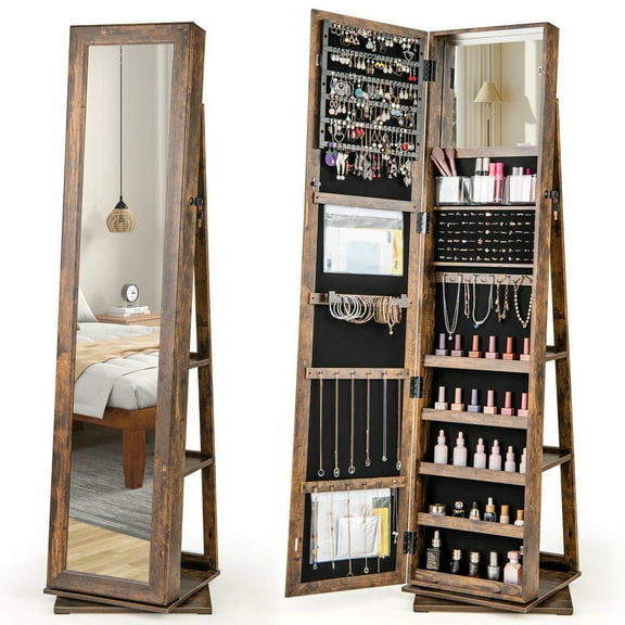 YYAo 360° Swivel Jewelry Amoire Cabinet with Full Length Mirror and Back Shelves, Jewelry Chest Jewelry Boxes for Bedroom, Living Room, Closet, Rustic Brown