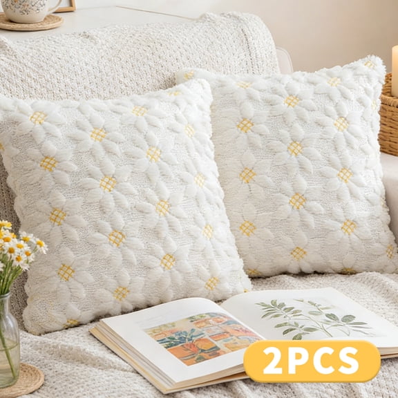 Spring Summer Pillow Covers Farmhouse Yellow Sunflower Plush Faux Fur Throw Pillows for Sofa Holiday Spring Home Decor 18x18 inch Set of