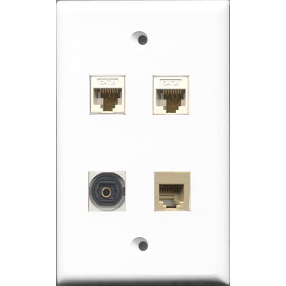 RiteAV 1 Port Phone RJ11 RJ12 Beige and 1 Port Toslink 2 Port Cat6 Ethernet White Wall Plate