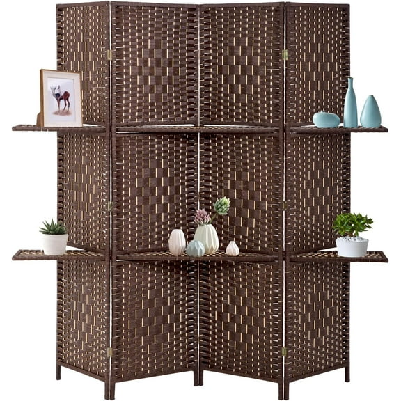 XF XINFENG Wood Room Dividers with 2 Tier Shelves - 4 Panel 6FT Folding Privacy Screen Portable Screen Freestanding Wall Divider & Partition for Living Room, Bedroom, Brown