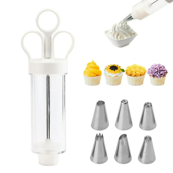 Cake Frosting Piping Injector Kit, Dessert Decorating Syringe with 6 Stainless Steel Piping Tips, Plastic Icing Dispenser for Baking Cupcake Cream