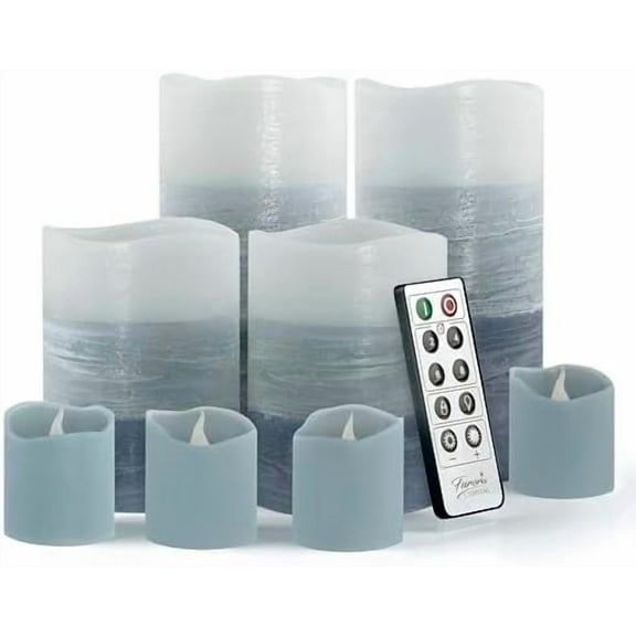 Blue Ombre Real Wax Flameless Candles with Remote and Timer, 4 Pillars and 4 Votives Pack of 8, LED Flickering Candles for Home Décor, Battery Operated