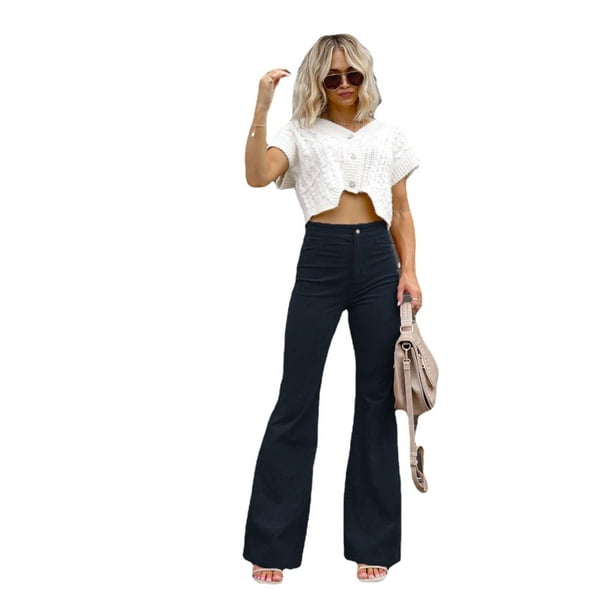 Pantalones casuales de pana de color sólido de primavera para mujer, pantalones micro elegantes de cintura alta, pantalones con botones