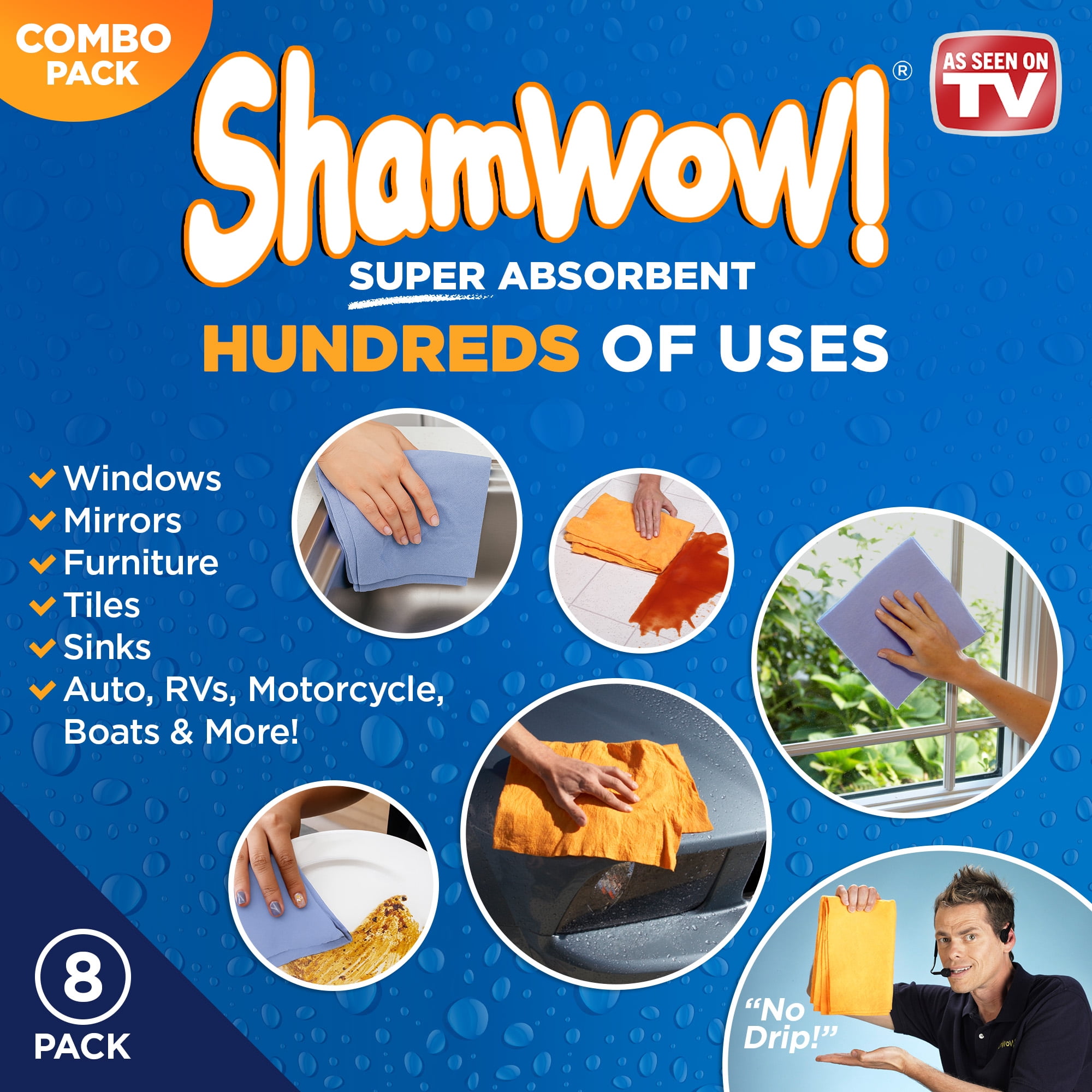 The Original Shamwow, Super Absorbent, Multi Purpose Cleaning Chamois Towel Cloth, 8 Pack, 4 Large Orange and 4 Small Blue