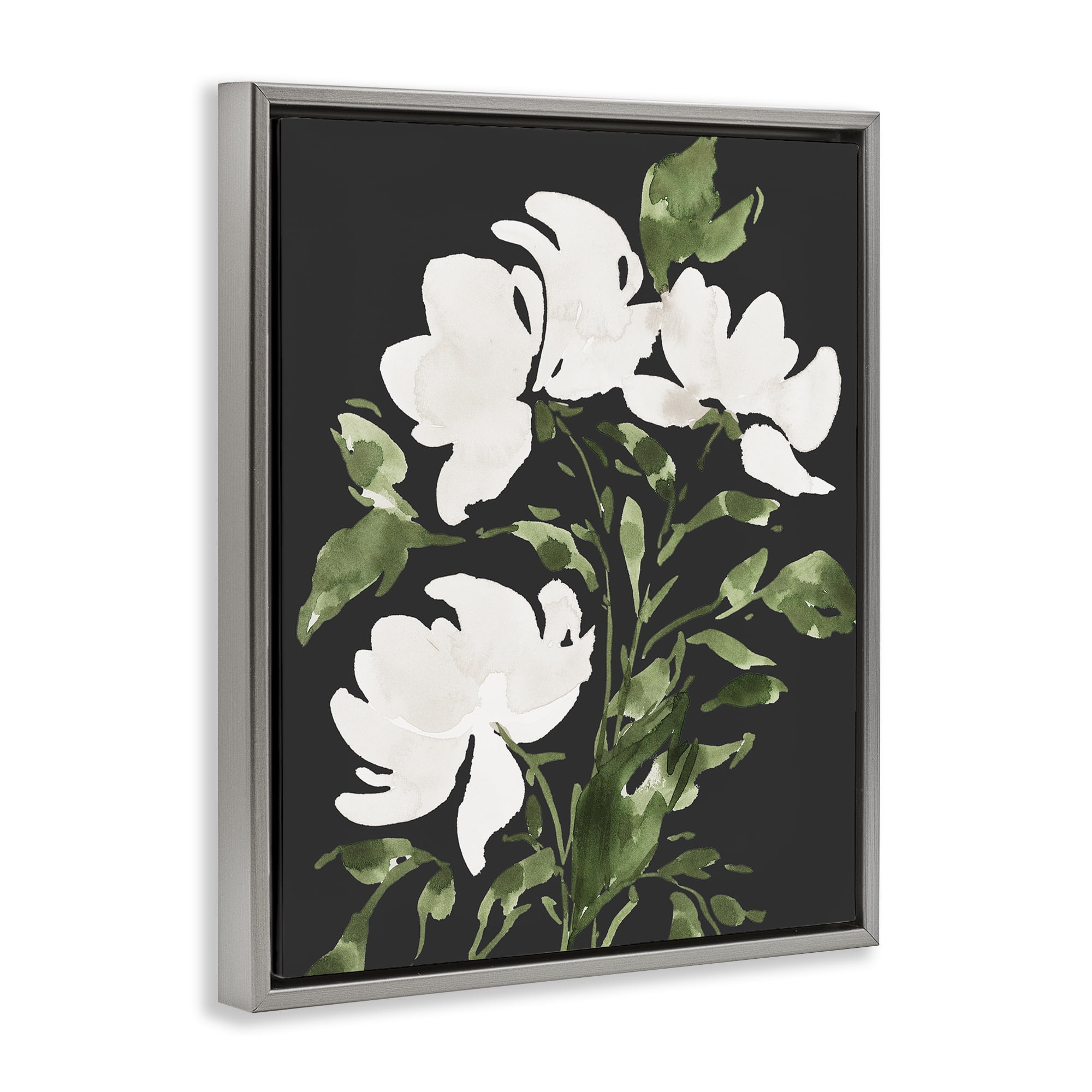 Stupell Industries White Over Black Floral Gray Framed Floater Canvas Wall Art, design by Lucille Price