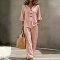 thumbnail image 2 of NMMUED Summer Beach Outfits for Women 2 Piece Cotton Linen Set V Neck Ruffle Sleeve Top Wide Leg Pants Casual Boho Lounge Matching Suit Pink XL, 2 of 5
