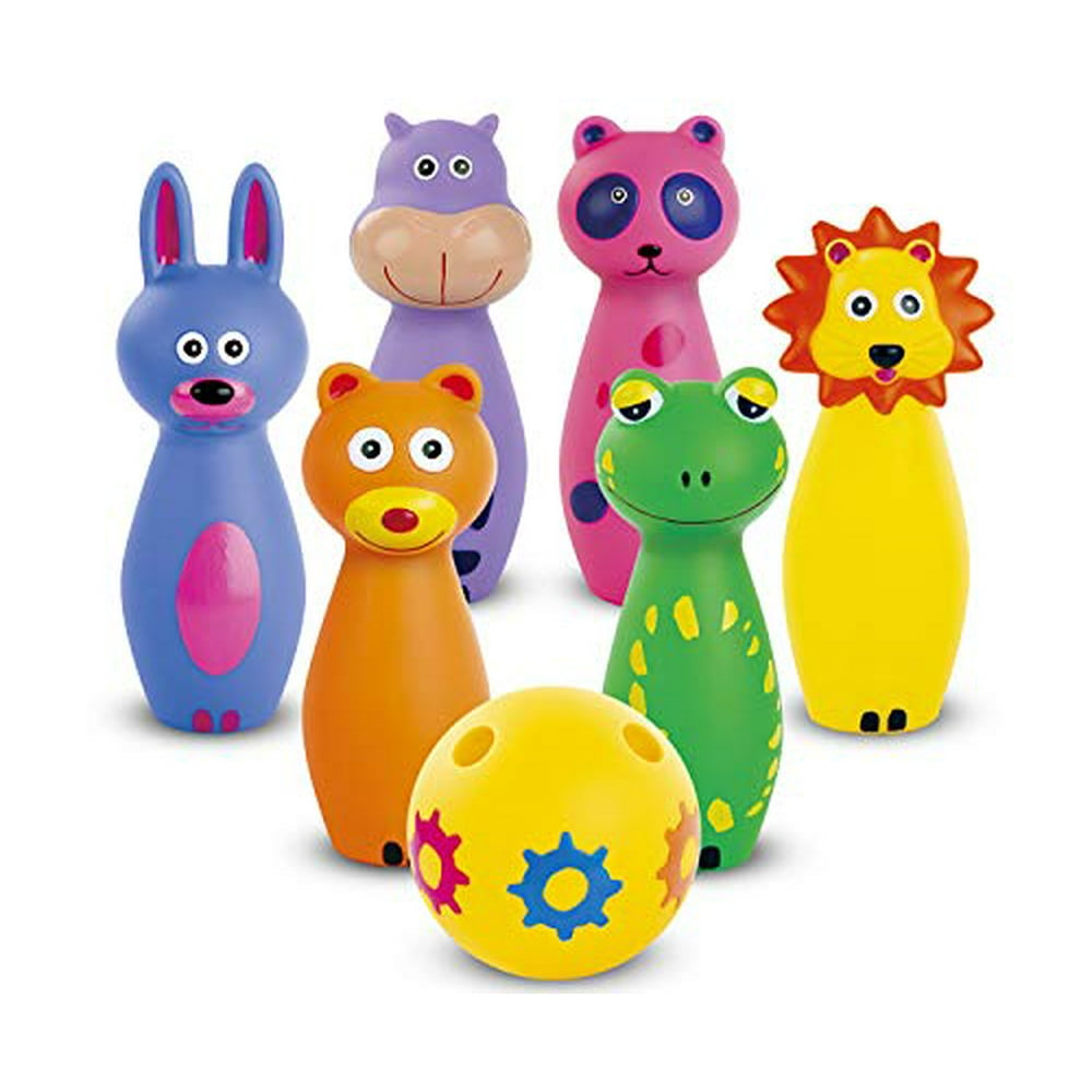 Bundaloo Kids Bowling Set Game 7-Piece Pin Bowling - Colorful Indented Ball and 6 Animal Pins