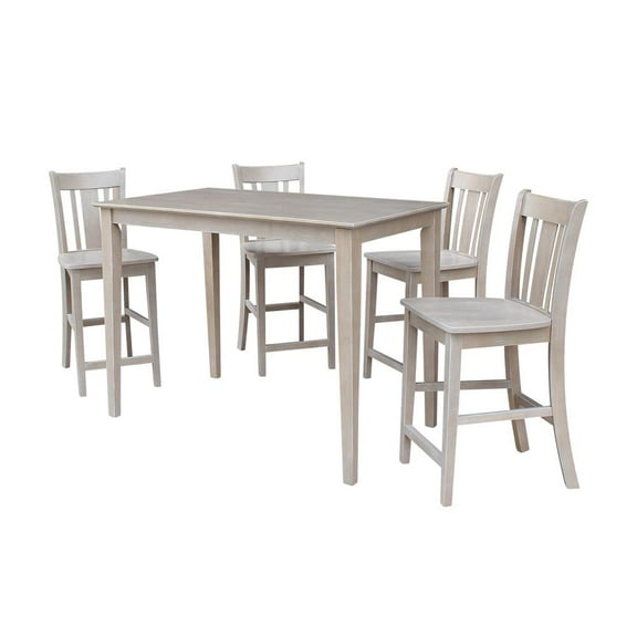 30" x 48" Wood Counter Table and 4 San Remo Stools in Washed Gray Taupe - Set of 5