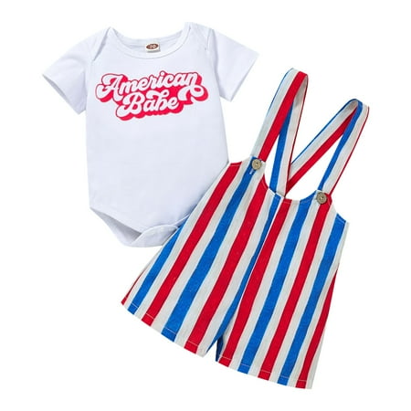 

Rovga Outfits For Girls Summer Kids Independence Day Print Short Sleeve Top Striped Overalls 2 Piece Set Kids 4 Of July Suit For 6-9 Months