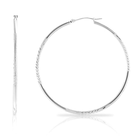 Tilo Jewelry 14K White Gold Large 2 Inch Hoop Earrings with Flower Engraving Design | Everyday Earrings | Womens & Unisex
