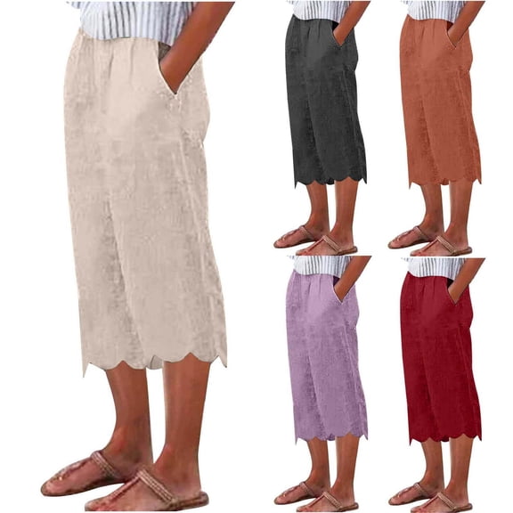Sakmal Capri Palazzo Pants Women Boho Wide Leg Cotton Linen 7/8th Pants Solid Lightweight Spring Women's Capris L