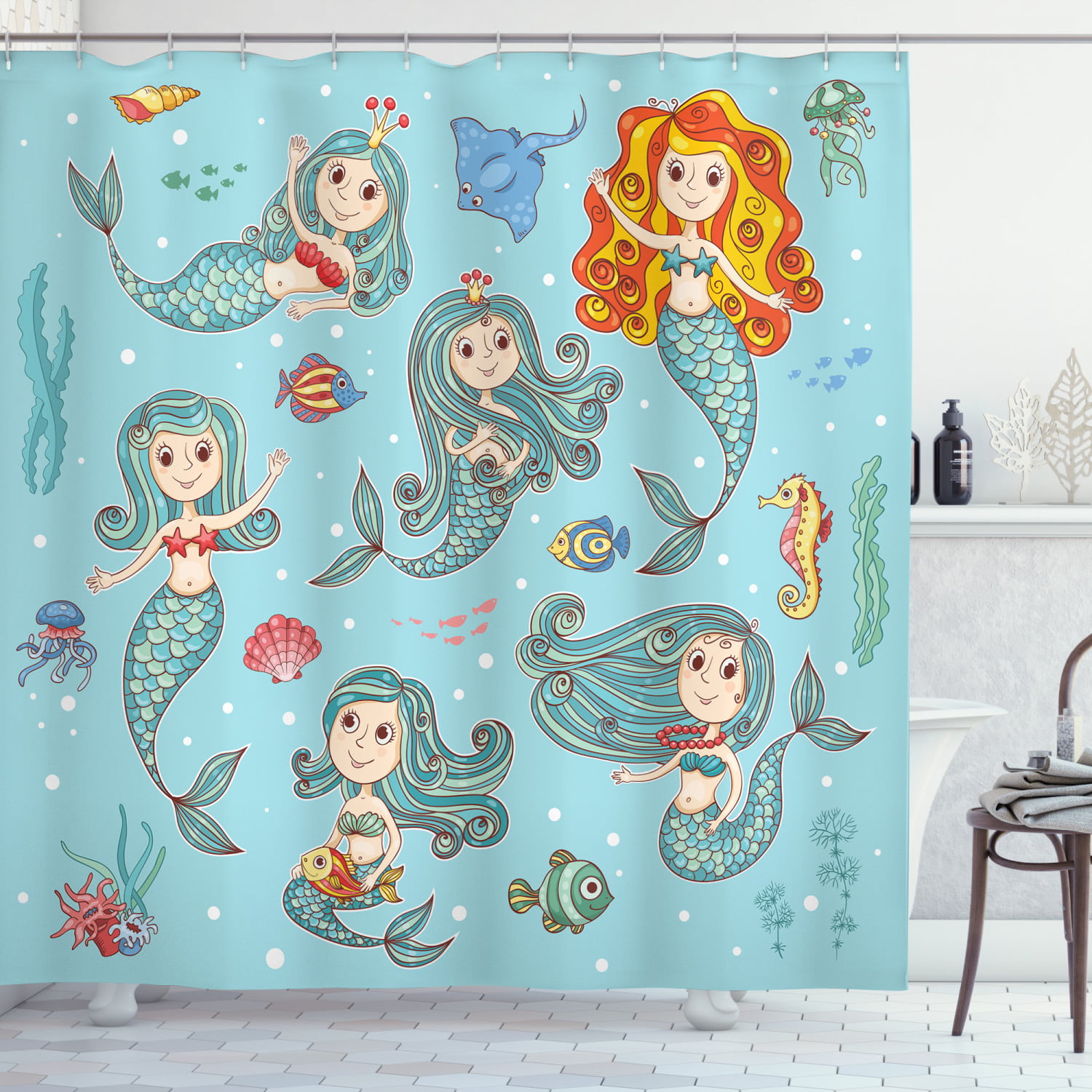 Turquoise Shower Curtain Mermaid With Seahorse Print for Bathroom 