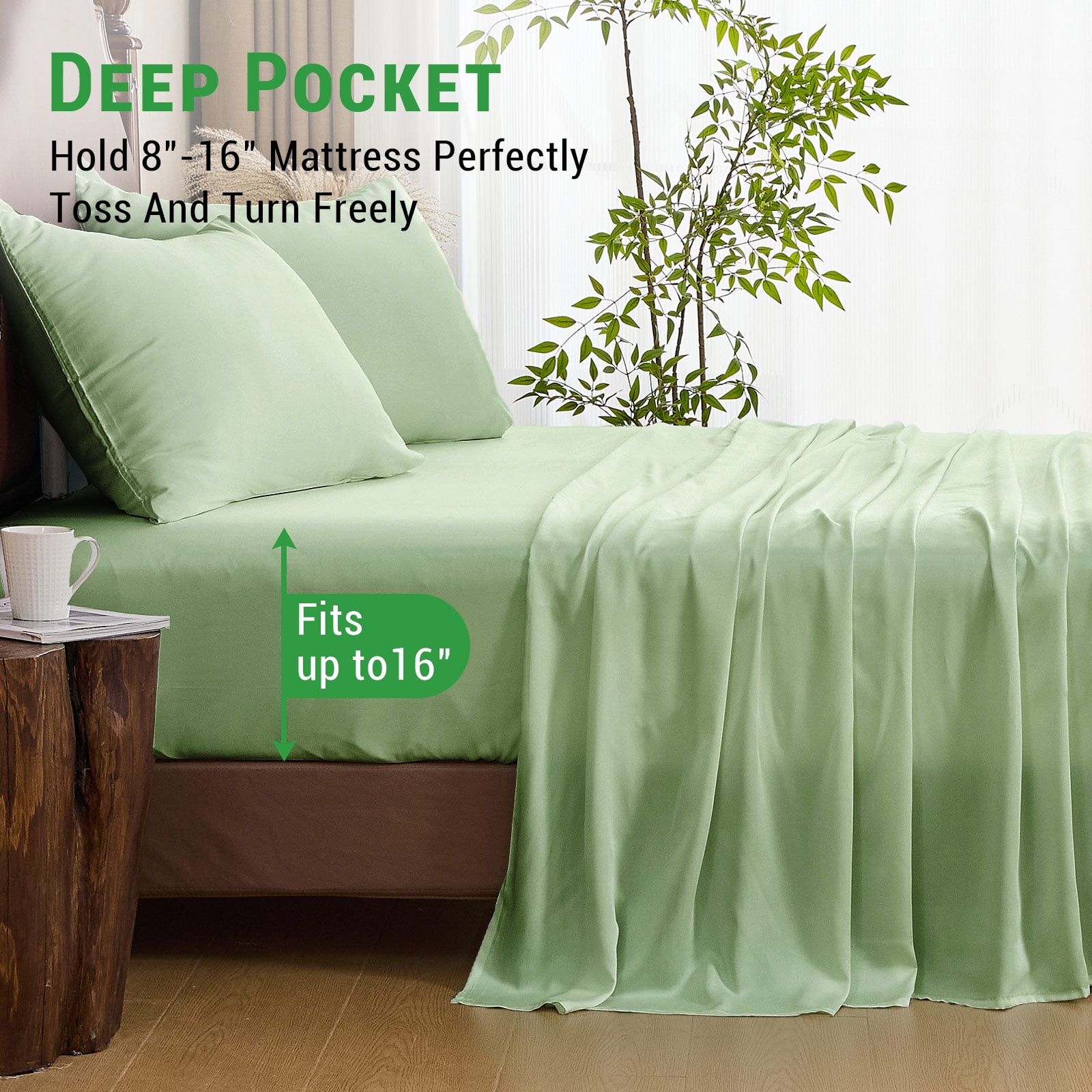 Gogreen 4PC Bamboo Queen Sheet Set, Deep Pocket Fit 16", Breathable Super Soft Luxury Hotel Style Home Decor Queen Size Sheet Set, Gift for Women, Men - 2 Pillowcases, 1 Flat Sheet, 1 Fitted Sheet