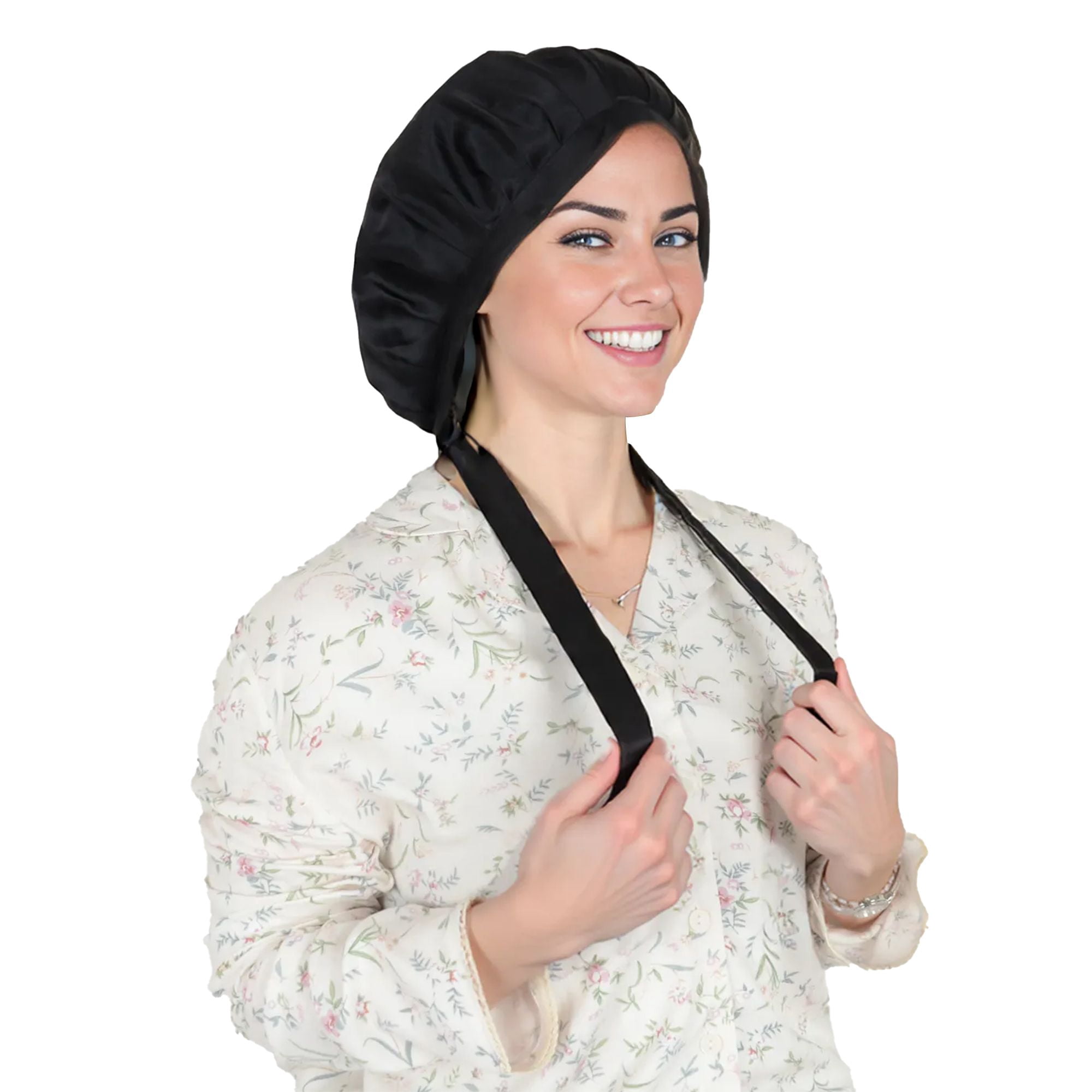 Women Satin Sleep Bonnet Adjustable Tie Back Hair Protection Cap for All Hair Types - Black