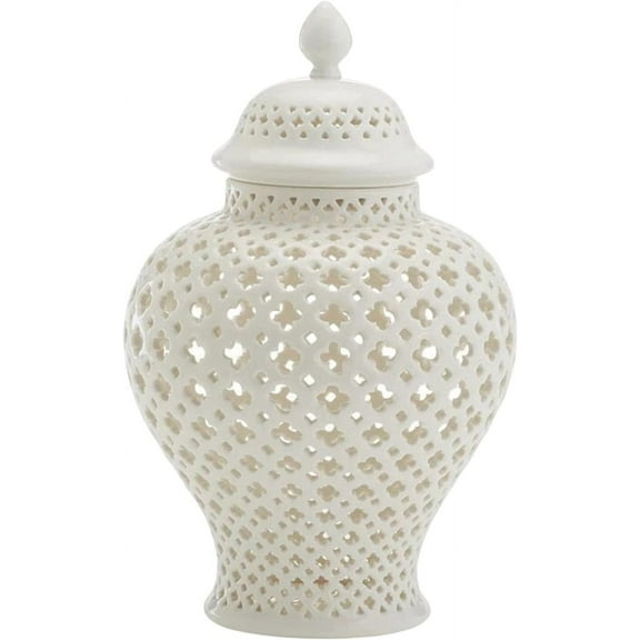 Light Luxury Ceramic Ginger Jar Display Lattice Hollow Vase Temple Jar Storage Jars Handicraft Ornaments for Desktop Office Gift Decoration, White