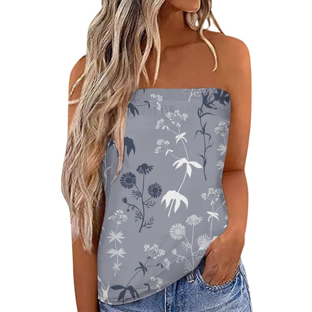 Athletic camisetas sin mangas para las mujeres Camiseta sin tirantes Bandeau para mujer, camiseta informal sin mangas para vacaciones de verano, camiseta holgada para vacaciones, blusa, (Grey, XL)