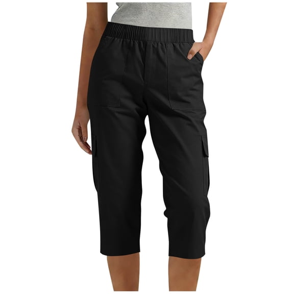 Hueook Khaki Pants Capri Hiking Women Solid Color with Elastic Waist Casual Clothes Pockets Full Length Capris Pants Black 2X