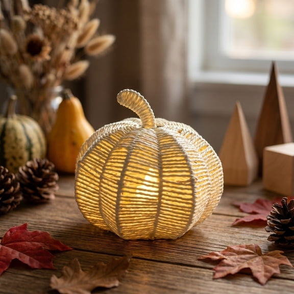 Mskk 7" Handwoven Wicker Pumpkin Halloween Decoration, Rattan Knitted Glowing Pumpkin LED Light Hollow Pumpkin for Fall Table Decor, Halloween Indoor Farmhouse Mantel Dining Table Decor