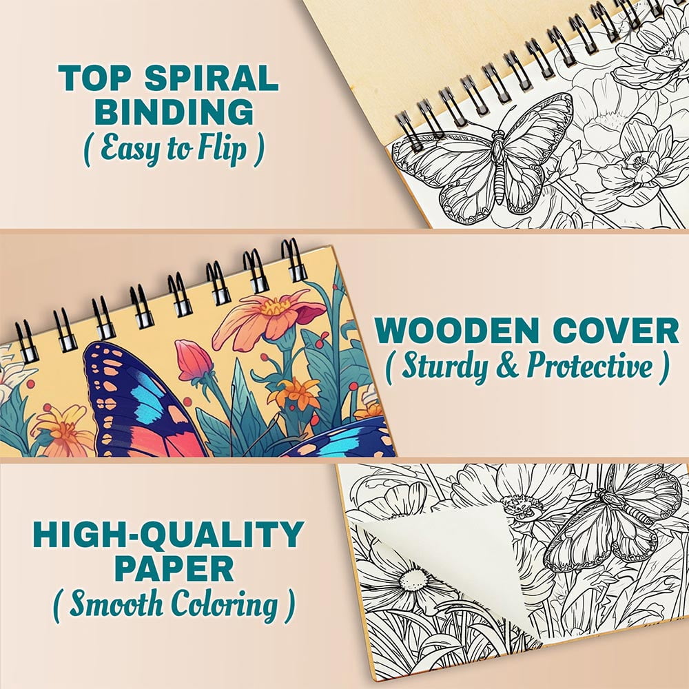 Netecom Butterflies and Flowers Coloring Book Spiral Bound For Adults, A5 Wooden Cover, 30 Enchanting Coloring Pages of Delicate Butterflies and Beautiful Blossoms for Stress Relief and Relaxation