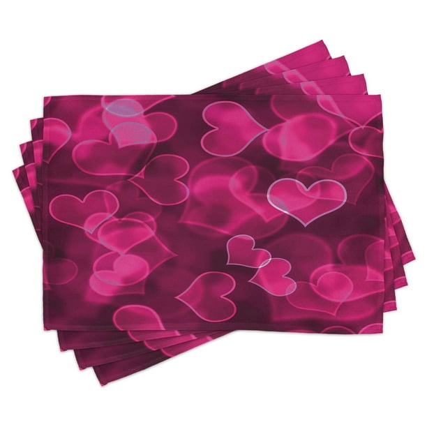Hot Pink Placemats Set of 4 Cute Sweet Heart Shapes on Blurry