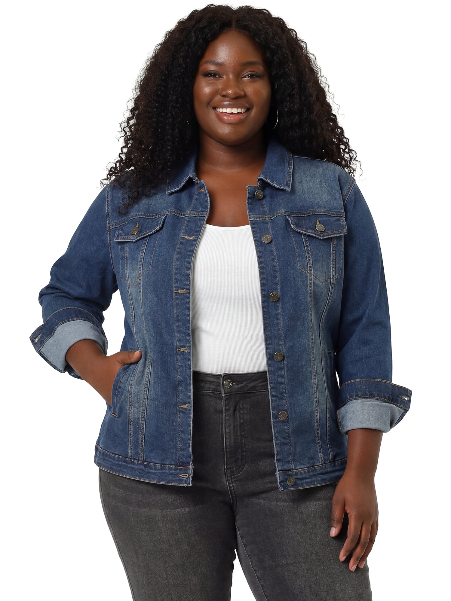 DARING DIVA Women's Plus Size Long Sleeve Button Front Washed Denim Jacket 6X Blue