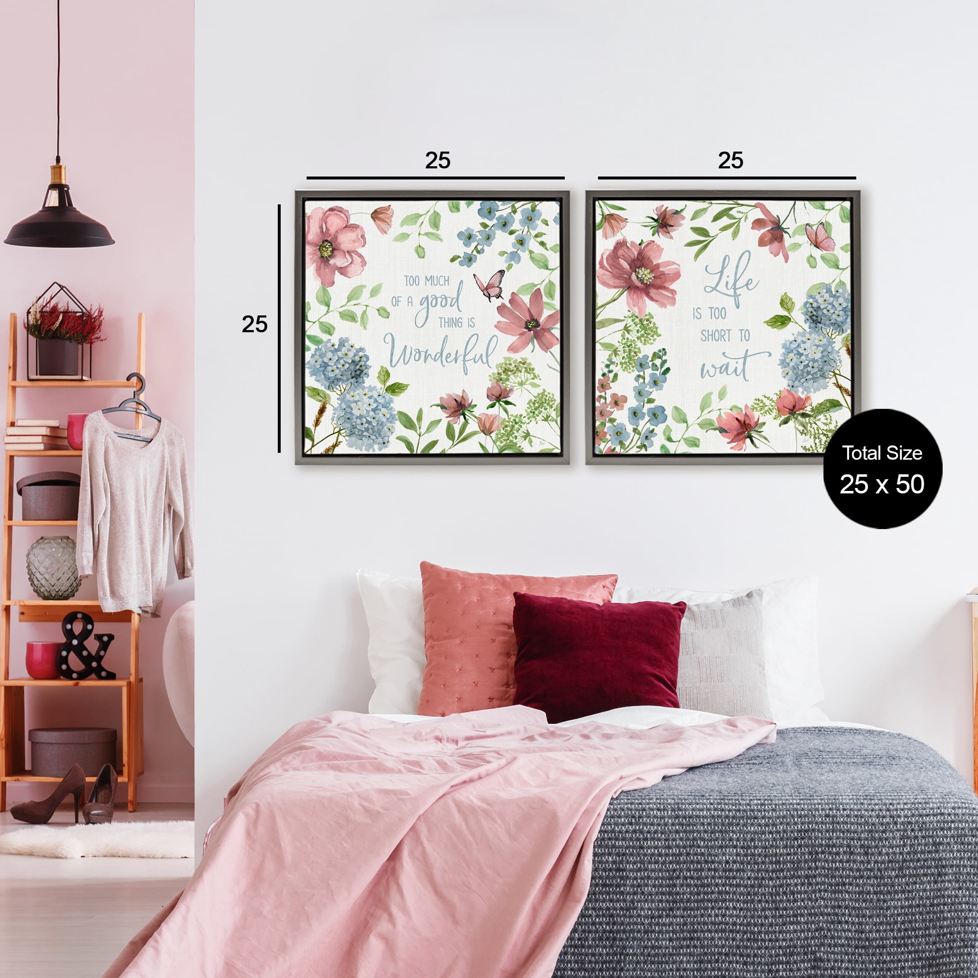Stupell Industries Uplifting Floral Quotes 2 Piece Gray Framed Floater Canvas Set, design by Nan