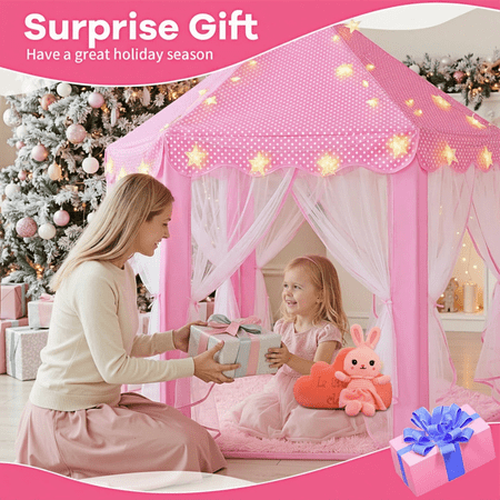 WILWOLFER PRINCESS PLAY TENT FOR GIRLS WITH RUG & STAR LIGHTS – PINK INDOOR CASTLE PLAYHOUSE FOR KIDS, PRETEND PLAY TOY FOR INDOOR & OUTDOOR USE