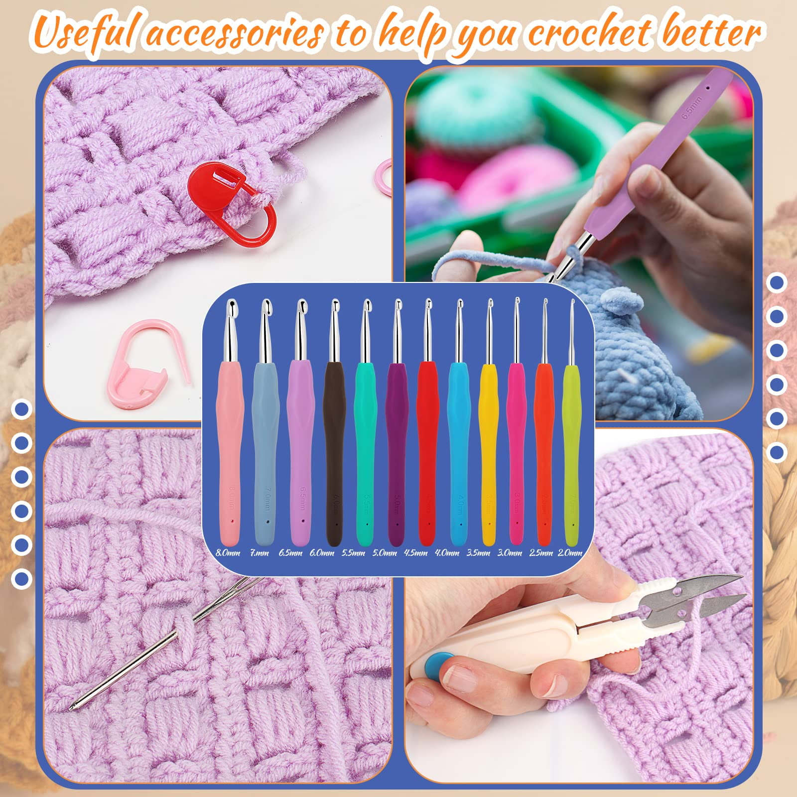 Wiher 46Pcs DIY Crochet Kit with Storage Bag Beginners Crochet Kit with Color Yarns, 12-size Crochet Needle, Stitch Marks, Big Eye Needles, Thread Scissors, DIY Crochet Craft Crochet Art Kit