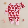 thumbnail image 4 of Valentines Outfit Baby Girl Long Sleeve Heart Print Zipper Romper Jumpsuit with Headband Set Cute Baby Girl Clothes Baby Girl 12-18 Months Clothes, 4 of 9