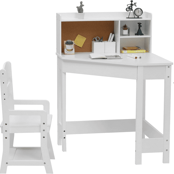 Kids Desk and Chair Set,Study Writing Workstation with Bulletin Board&Pen Holder,Wood Corner Study Table for Boys and Girls,Best Gift